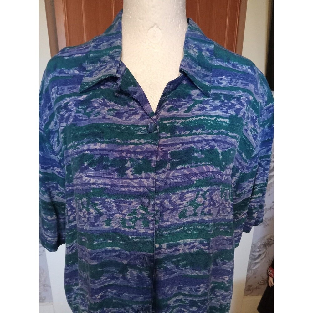 VINTAGE Quo -Silk Blouse button up short sleeve Abstract Pattern Large 100%Silk